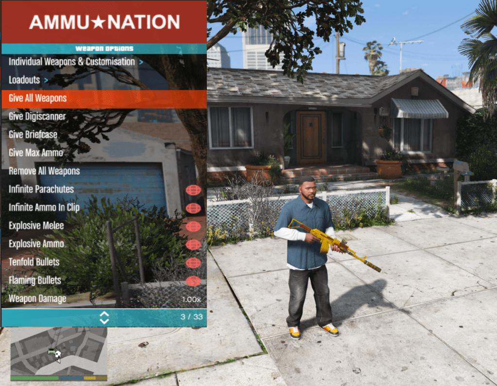 GTA 5 gameplay showing the Menyoo 2.0 mod menu open on the left side of the screen under the 'AMMU-NATION' section. The player character, Franklin, is standing in front of a house holding a custom golden assault rifle. The menu displays various weapon options, including 'Give All Weapons,' 'Infinite Ammo In Clip,' and 'Explosive Ammo,' allowing for advanced customization.