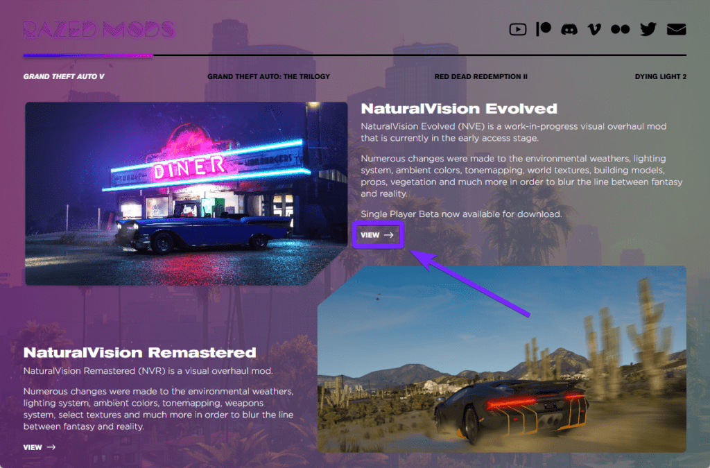 NaturalVision Evolved (NVE) download page on Razed Mods website, featuring a 'View' button to access the mod. Includes visuals of an upgraded GTA 5 environment with realistic lighting and reflections