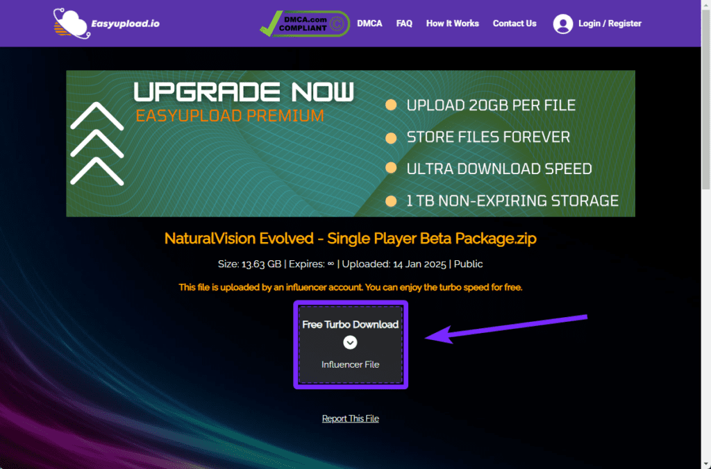 EasyUpload.io download page for NaturalVision Evolved (NVE) Single Player Beta Package.zip, showing a 'Free Turbo Download' button for faster access to the GTA 5 graphics mod.