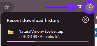 Recent download history showing the progress of NaturalVision Evolved (NVE) zip file download for GTA 5, with 13.6 GB total size and estimated time remaining
