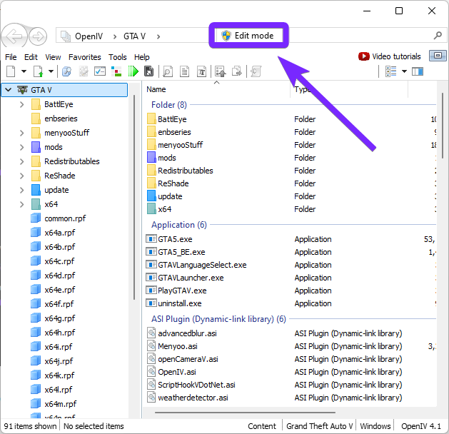 OpenIV interface displaying the GTA 5 directory with 'Edit Mode' enabled, a required step for installing NaturalVision Evolved (NVE) and other mods