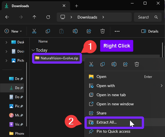 Windows File Explorer showing the right-click menu on 'NaturalVision+Evolve.zip' with the 'Extract All' option highlighted for extracting the GTA 5 graphics mod files