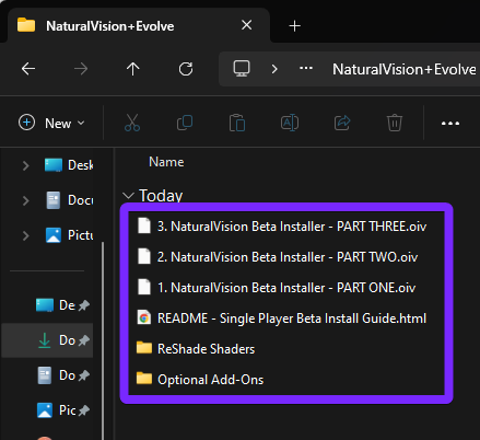 Extracted NaturalVision Evolved (NVE) files in Windows File Explorer, including three .OIV installers, a README guide, ReShade shaders, and optional add-ons for GTA 5 mod installation