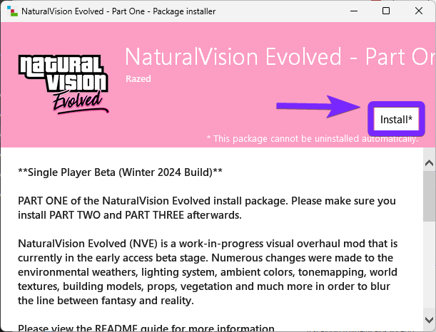 NaturalVision Evolved (NVE) Part One package installer in OpenIV for GTA 5, with the 'Install' button highlighted to begin the mod installation process.