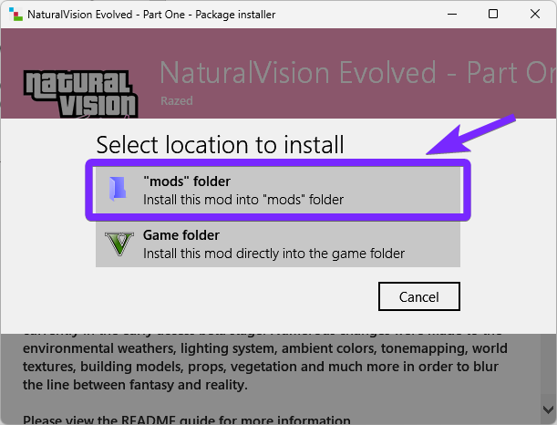 NaturalVision Evolved (NVE) installation in OpenIV for GTA 5, with the 'mods' folder option highlighted to ensure safe modding without altering game files.