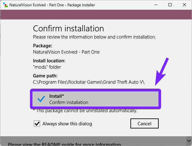 NaturalVision Evolved (NVE) installation confirmation screen in OpenIV for GTA 5, with the 'Install' button highlighted to finalize mod installation in the 'mods' folder.