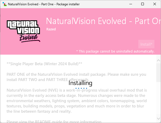NaturalVision Evolved (NVE) installation in progress in OpenIV for GTA 5, displaying the 'Installing' status while applying the graphics mod.