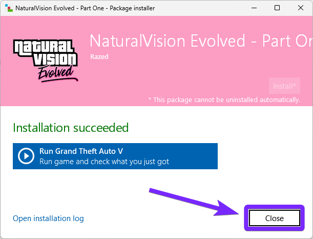 NaturalVision Evolved (NVE) installation completed successfully in OpenIV for GTA 5, with the 'Close' button highlighted after mod installation