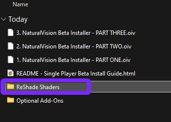 Windows File Explorer displaying the extracted 'ReShade Shaders' folder from the NaturalVision Evolved (NVE) mod package, required for GTA 5 visual enhancements.
