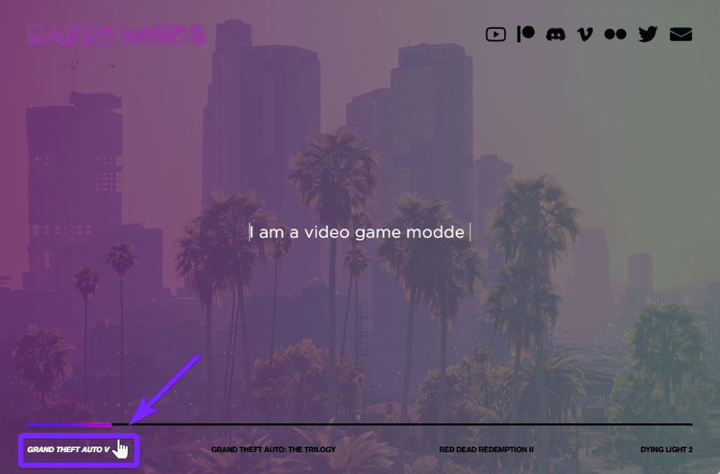 Razed Mods website homepage with a highlighted 'Grand Theft Auto' dropdown menu for selecting GTA 5 mods, including NaturalVision Evolved. Purple-themed UI with Los Santos skyline in the background