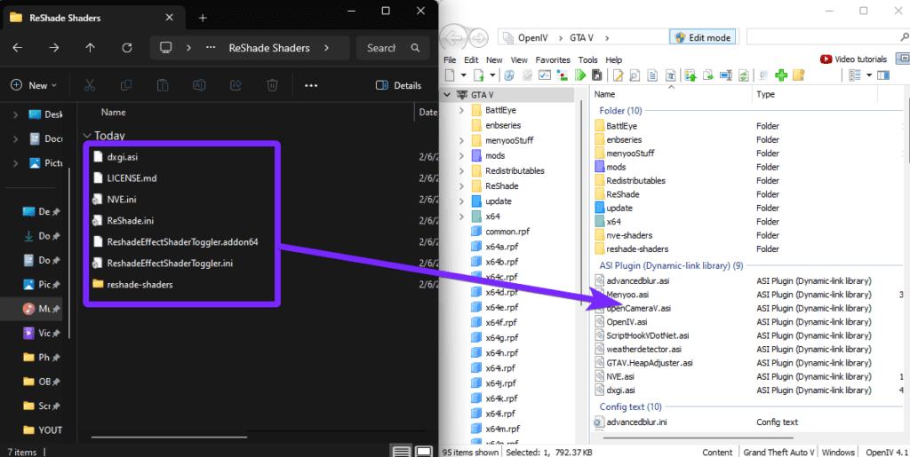 Dragging and dropping ReShade Shaders files from the NaturalVision Evolved (NVE) folder into OpenIV for GTA 5, enabling advanced graphics enhancements and visual effects.