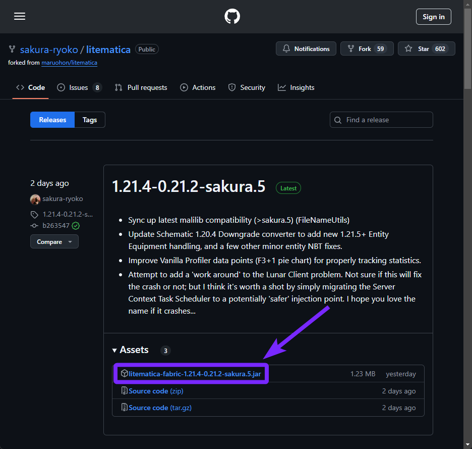The GitHub download page for Litematica, displaying the latest release version 1.21.4-0.21.2-sakura.5. The Litematica Fabric .jar file is highlighted, guiding users on where to click to download the mod for Minecraft 2025.