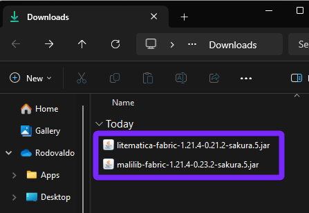 The Windows Downloads folder displaying the Litematica and Malilib Fabric .jar files ready for installation in Minecraft 2025. Both files are highlighted, indicating they are necessary for the mod to function properly.