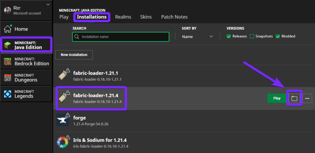 The Minecraft Launcher Installations tab displaying the Fabric Loader 1.21.4 profile for Minecraft Java Edition. The folder icon is highlighted, guiding users to open the game directory for installing Litematica and Malilib mods.