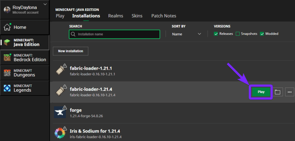 The Minecraft Launcher Installations tab displaying the Fabric Loader 1.21.4 profile for Minecraft Java Edition. The Play button is highlighted, guiding users on how to launch Minecraft with Fabric and Litematica installed.