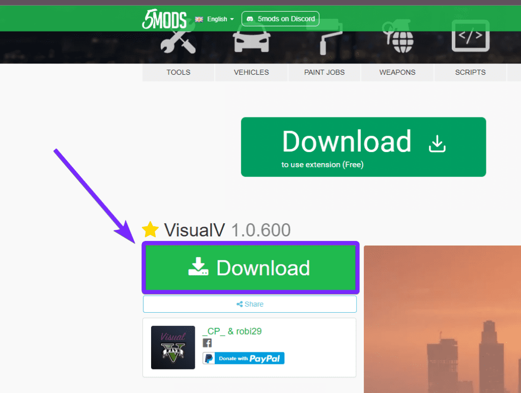 The GTA 5-Mods website showing the VisualV 1.0.600 download page. A large green "Download" button is highlighted with a purple arrow pointing towards it, indicating the correct button to click for downloading the mod.