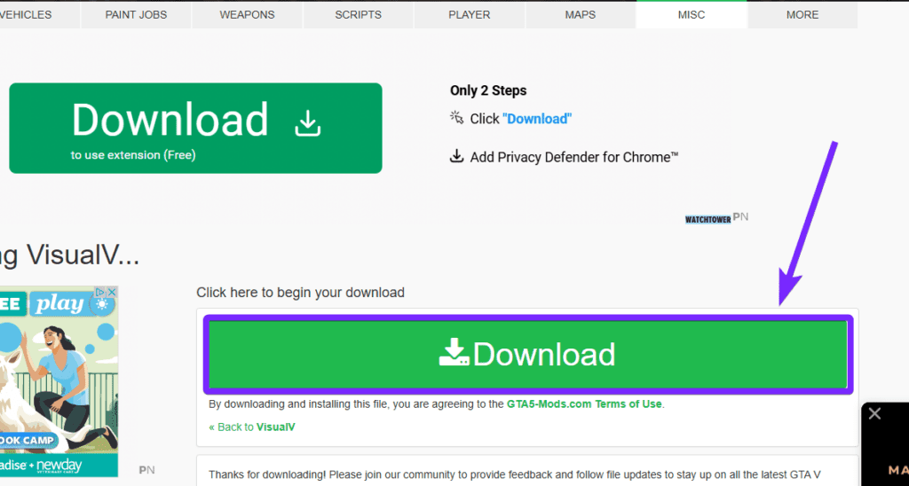 the VisualV download confirmation page on GTA5-Mods.com. A large green "Download" button is prominently displayed and highlighted with a purple arrow, directing users to click it to begin the download.