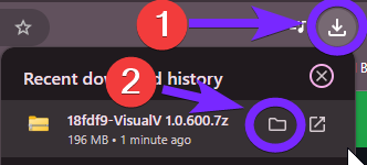 a web browser's recent download history showing the downloaded VisualV 1.0.600.7z file. A purple arrow labeled "1" points to the download icon in the top-right corner, indicating where to access the recent downloads. Another purple arrow labeled "2" points to the folder icon, which opens the file's location. The downloaded file size is 196 MB, and it was downloaded one minute ago.