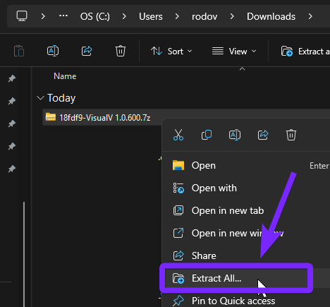 the Downloads' folder on a Windows computer, displaying the VisualV 1.0.600.7z file. A right-click context menu is open, with a purple arrow pointing to the "Extract All..." option, indicating the next step to extract the compressed file.