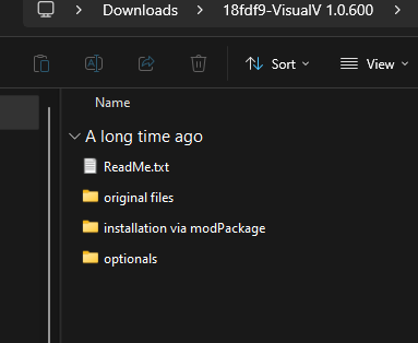 the extracted VisualIV 1.0.600 folder inside the Downloads directory on a Windows computer. The folder contains four items: ReadMe.txt, original files, installation via modPackage, and optionals. The directory path at the top shows that the files are inside C:\Users\rodov\Downloads\18fdf9-VisualV 1.0.600.