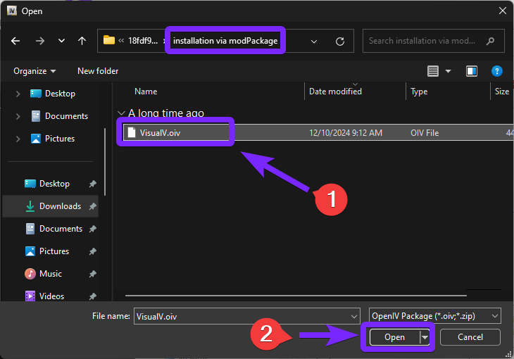 he OpenIV file selection window displaying the installation via modPackage folder. A purple arrow labeled "1" points to the VisualV.oiv file, which is selected for installation. Another purple arrow labeled "2" highlights the "Open" button, indicating the next step to proceed with the mod installation. The file type filter is set to OpenIV Package (.oiv, .zip), ensuring the correct file format is selected.