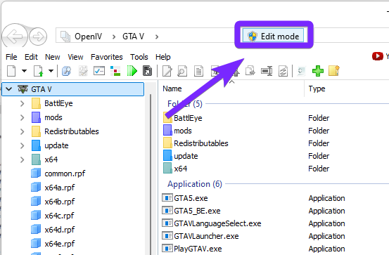 OpenIV software with the GTA V directory open. A purple arrow points to the "Edit mode" button in the top-right corner, indicating that users need to enable Edit Mode to modify game files. The left panel displays the game’s folder structure, including BattEye, mods, Redistributables, update, and x64 directories. The right panel shows various GTA V application files, such as GTAV.exe and PlayGTAV.exe.