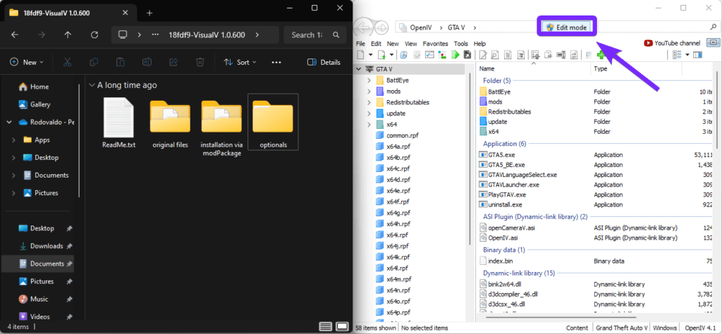 a split-screen view of two windows. On the left, a File Explorer window displays the extracted VisualIV 1.0.600 folder, containing ReadMe.txt, original files, installation via modPackage, and optionals folders. On the right, OpenIV software is open with the GTA V directory, showing various game files and folders. A purple arrow points to the "Edit mode" button in OpenIV, indicating that users need to enable it before modifying game files.