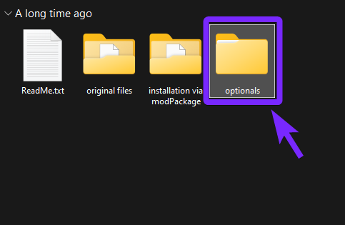 File Explorer window displaying the extracted VisualIV 1.0.600 folder. A purple arrow points to the "optionals" folder, highlighting it as the next step in the installation process. Other visible files include ReadMe.txt, original files, and installation via modPackage folders.