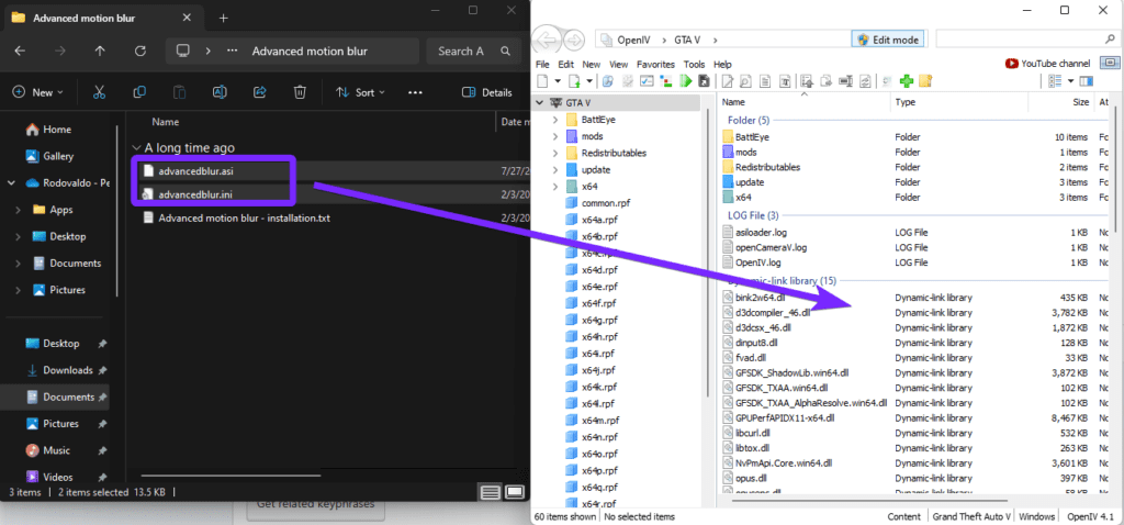 a split-screen view showing File Explorer on the left and OpenIV on the right. In File Explorer, the "Advanced motion blur" folder is open, displaying two files: advancedblur.asi and advancedblur.ini, both highlighted. A purple arrow points from these files to the OpenIV window, indicating that they need to be dragged and dropped into the GTA V directory. The OpenIV window displays various Dynamic-link library (DLL) files, with "Edit mode" enabled at the top.