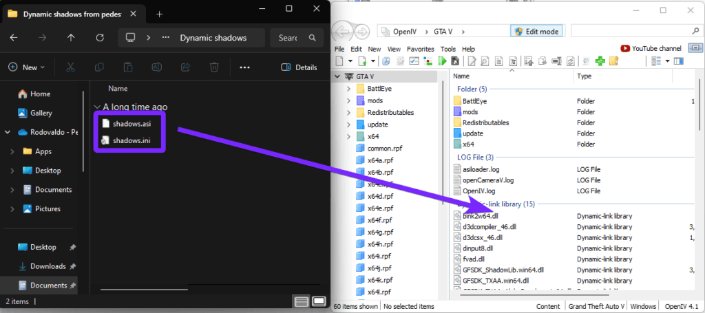 split-screen view showing File Explorer on the left and OpenIV on the right. In File Explorer, the "Dynamic shadows from pedestrian vehicles" folder is open, displaying two highlighted files: shadows.asi and shadows.ini. A purple arrow points from these files to the OpenIV window, indicating that they need to be dragged and dropped into the GTA V directory. The OpenIV window shows various Dynamic-link library (DLL) files, with "Edit mode" enabled at the top.