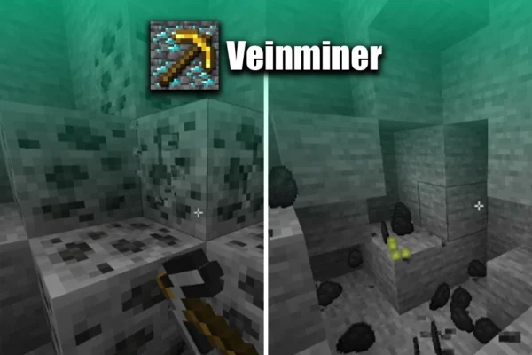 Install Veinminer Mod for Minecraft Java: Easy Fast Mining Veinminer mod in Minecraft breaking all coal blocks at once with one swing using a pickaxe