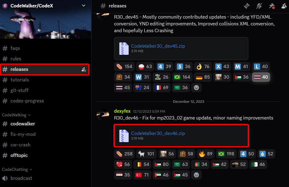 CodeWalker Discord server showing latest release zip file shared by dexyfex in the #releases channel.