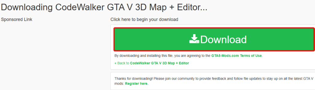 Second CodeWalker download screen on GTA5-Mods.com with green button to start downloading the tool.