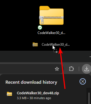 Downloaded CodeWalker ZIP file highlighted in Chrome browser with extracted folder on desktop.