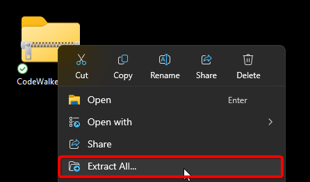 Right-click menu on CodeWalker ZIP file showing the 'Extract All' option in Windows 11.