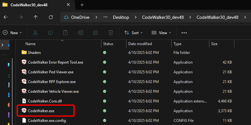 Folder showing CodeWalker files after extraction, highlighting CodeWalker.exe ready to launch.