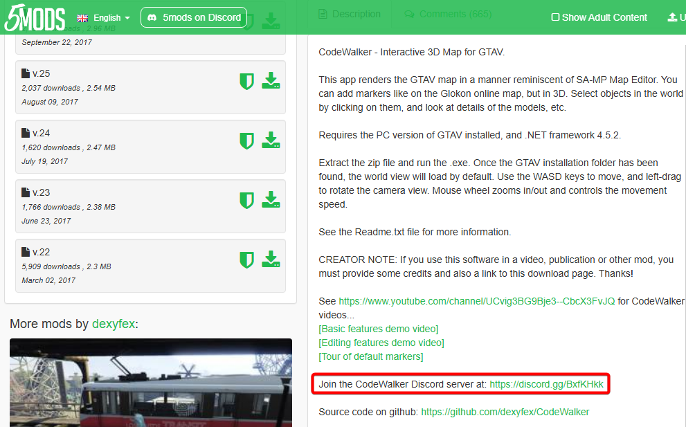 GTA5-Mods.com page showing CodeWalker description and the official Discord server invite link.