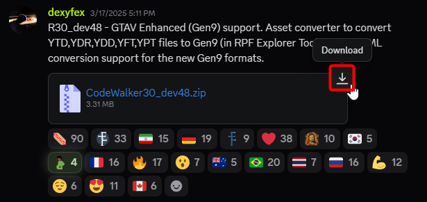 CodeWalker v30_dev48 file shared in Discord by dexyfex, with download button highlighted.