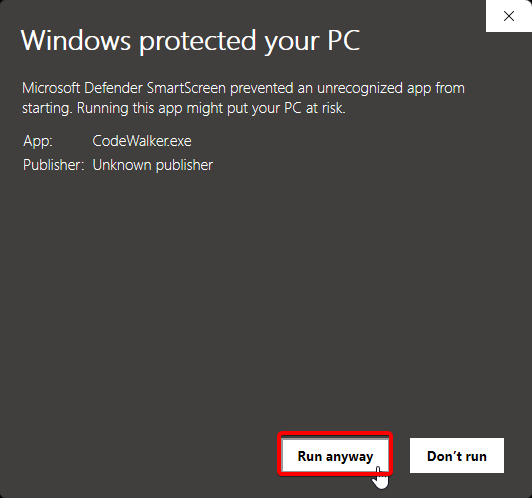 Windows Defender SmartScreen warning showing CodeWalker.exe blocked, with 'Run anyway' option selected.