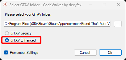 CodeWalker setup window asking user to select GTA 5 Enhanced directory on their PC.