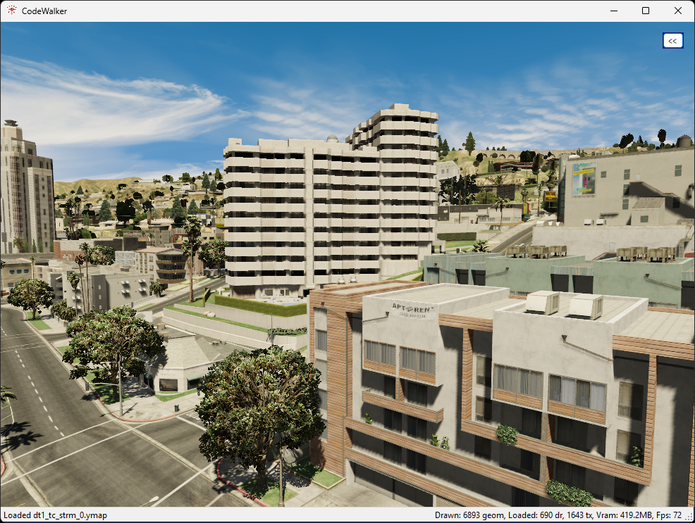In-game 3D map view rendered with CodeWalker, showing buildings and streets from GTA 5 Enhanced Edition.