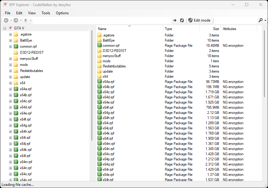 CodeWalker RPF Explorer interface displaying encrypted .rpf files from GTA 5 Enhanced Edition game directory.