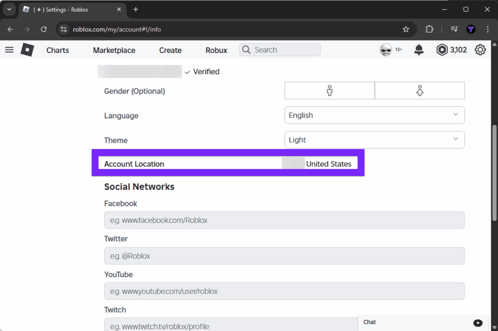 roblox account location setting showing united states on profile settings page