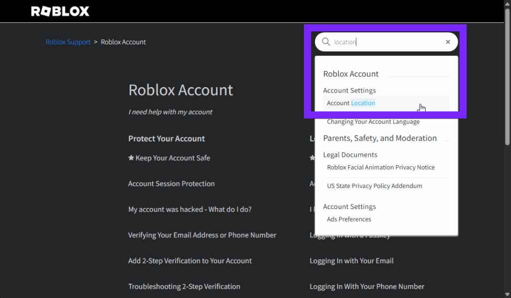 roblox help center with location search showing how to find account location support