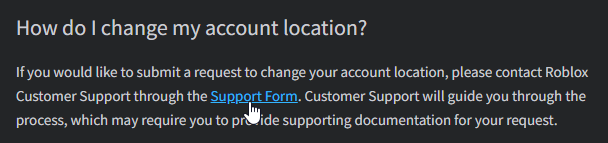 roblox support article showing where to click support form to change account location