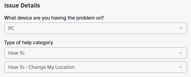 roblox support form showing how to choose device and help category for location change