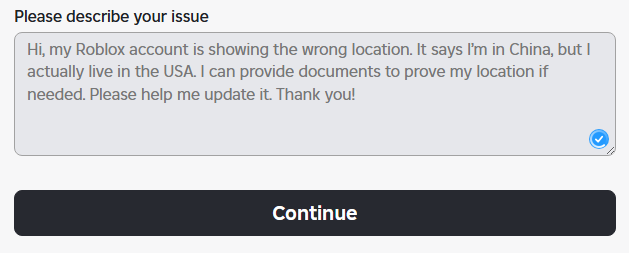 roblox support message example for changing account location with proof offer