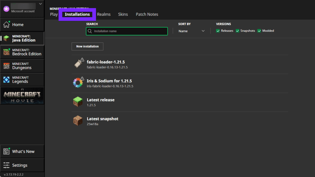 minecraft launcher installations tab showing version list for creating custom profiles