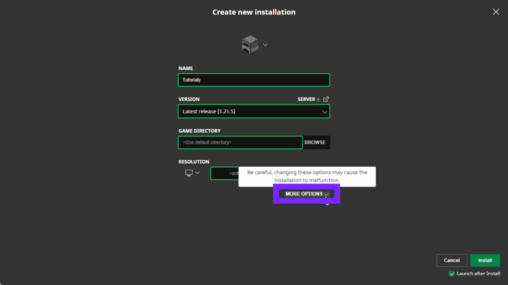 minecraft create new installation screen with more options button highlighted to access jvm arguments