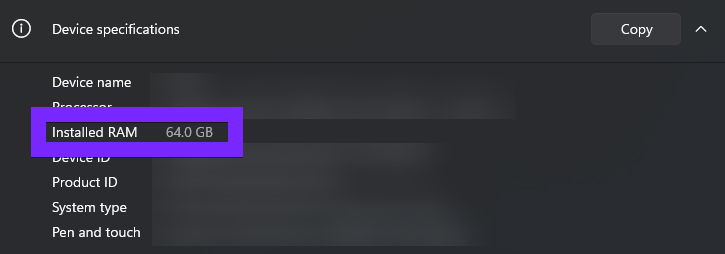 windows settings showing installed ram amount for allocating more memory to minecraft